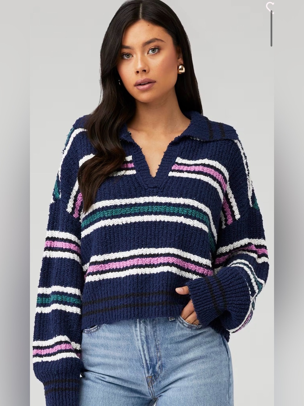 Free People “Kennedy” Striped Pullover in Midnight Sail Combo